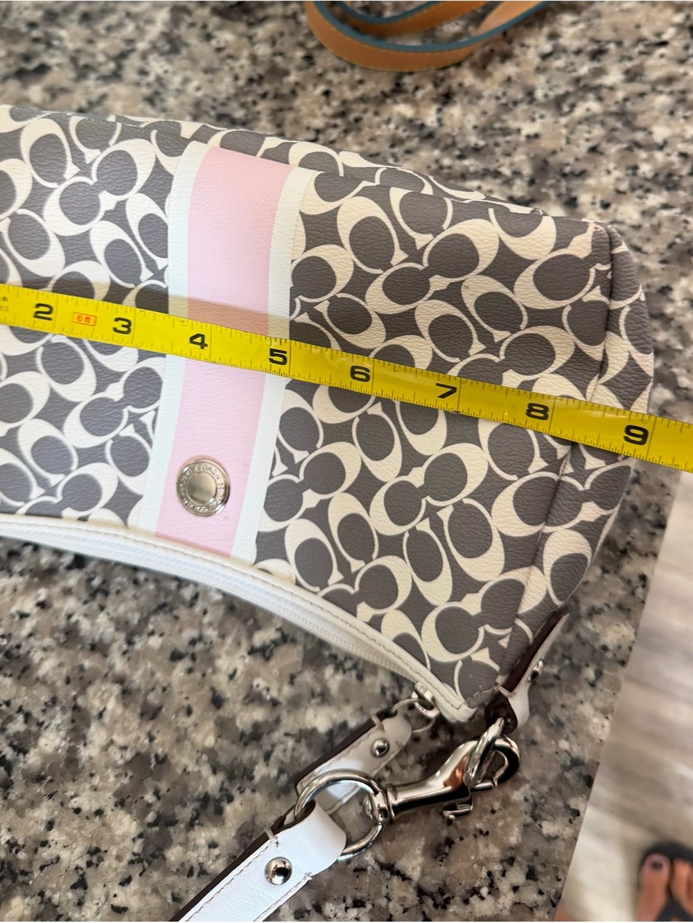 Coach Gray Signature Wristlet with Pink & White Stripe